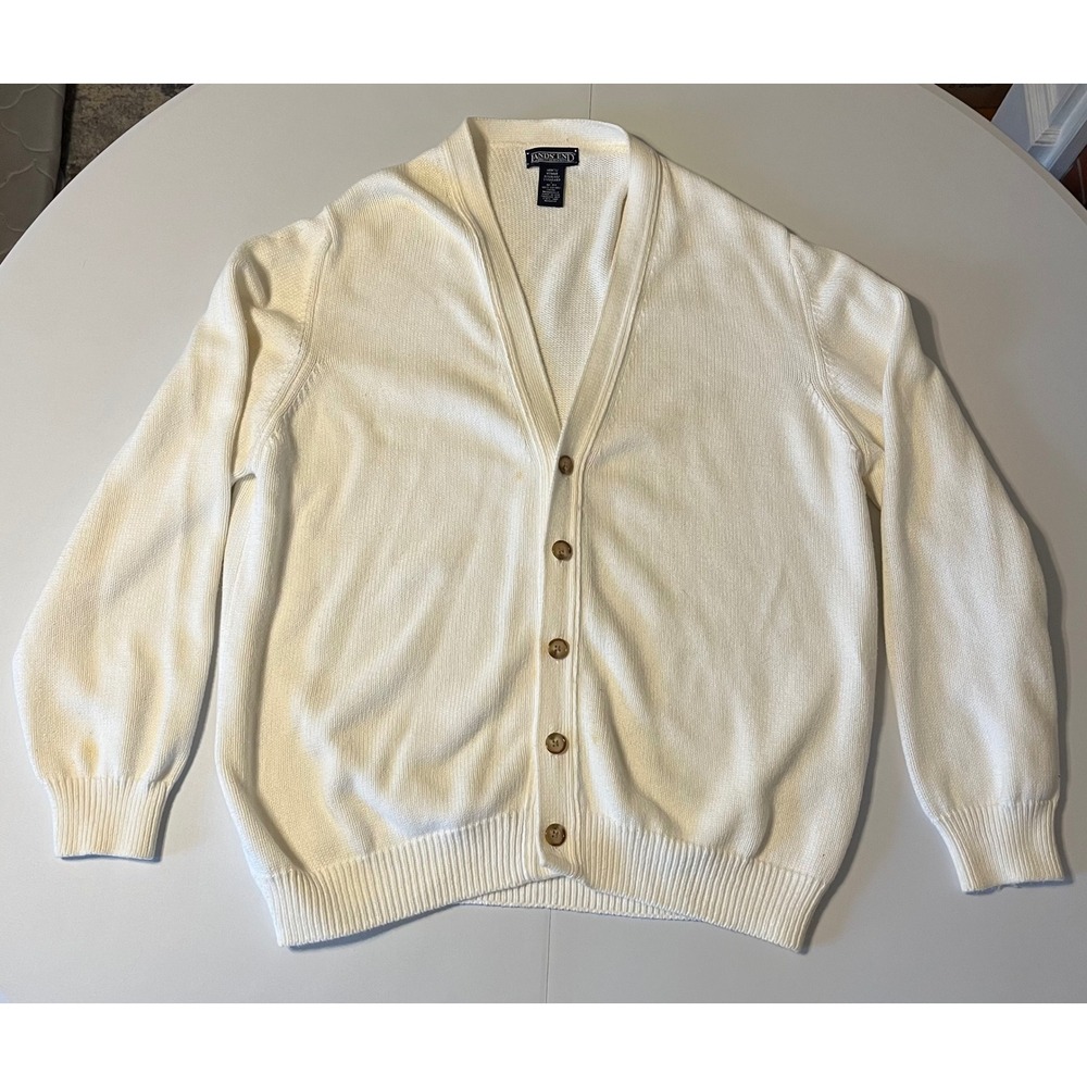 VTG USA Made Lands End Mens Cream Cotton V Neck Button Up Cardigan Sweater L